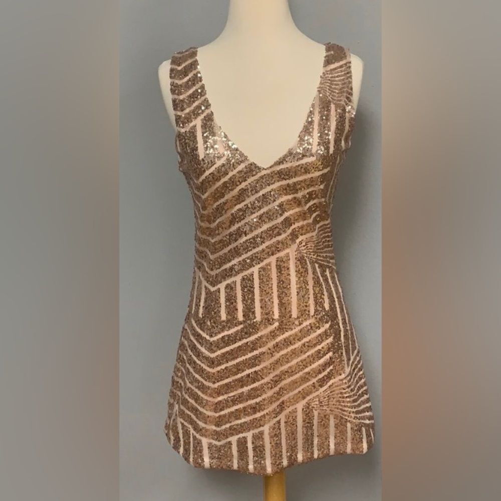 Pink Rose Gold Sequin Holiday‎ Mini Dress Size Small Medium